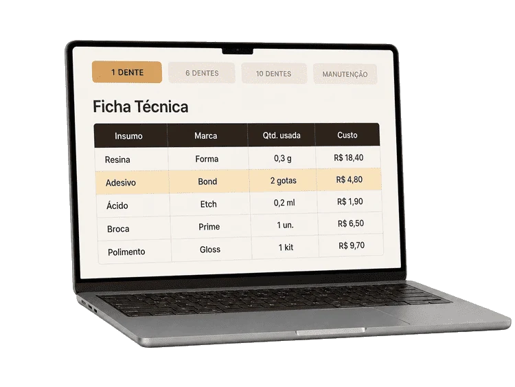 Notebook mostrando a Ficha Técnica da faceta de 1 dente já preenchida com insumos, marcas, quantidade e custo